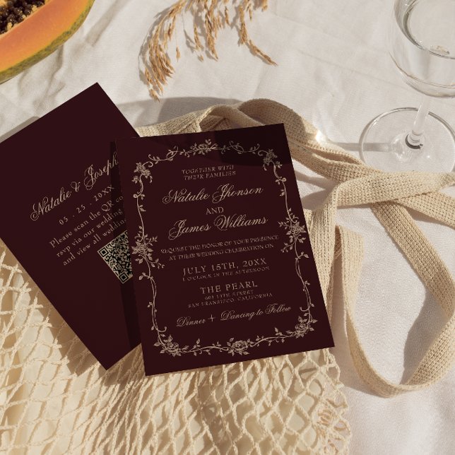 Invitación Código QR de Boda Boho de Dinero Antiguo con Flora (Subido por el creador)