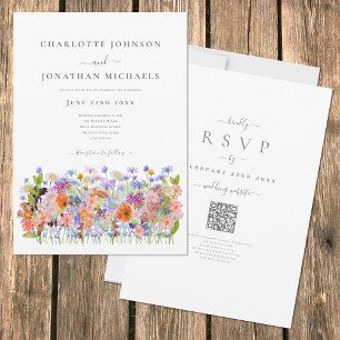 Invitación Código QR de Boda Boho de Flor Silvestre Colorida