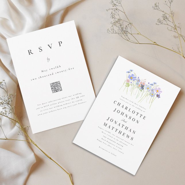 Invitación Código QR de Boda Boho Flor Silvestre Elegante Azu (Elegant wildflower meadow watercolor floral blue blush pink wedding qr code invitation )