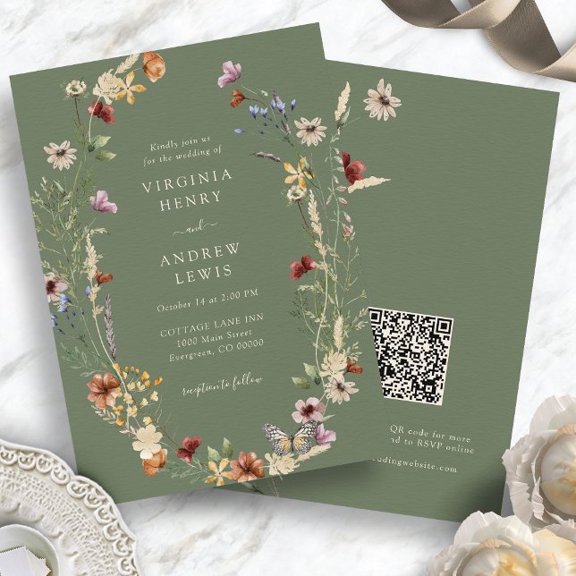 Invitación Código QR de Boda Boho Flor Silvestre Salvia (Sage Green Wildflower Boho QR Code Wedding Invitation by Painted Paperie
)