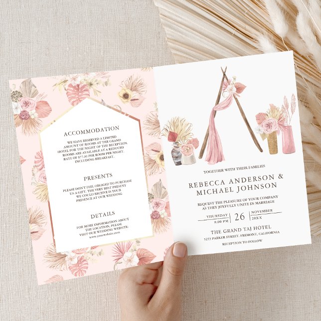 Invitación Código QR de boda boho floral rosa polvoriento en  (Subido por el creador)