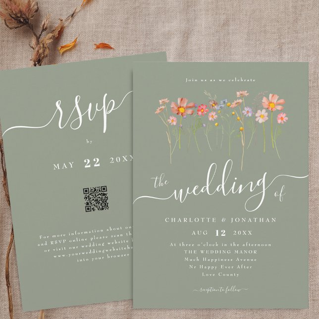 Invitación Código QR de boda Boho otoñal verde salvia flor si (Wildflower floral sage green Wedding qr code invitation Watercolor meadow flowers elegant script)