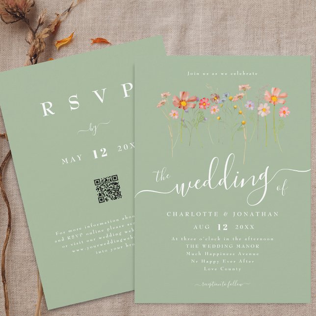 Invitación Código QR de boda Boho Otoño Flores Silvestres Ver (Boho fall Wildflower floral sage green Wedding qr code invitation Elegant modern script watercolor)