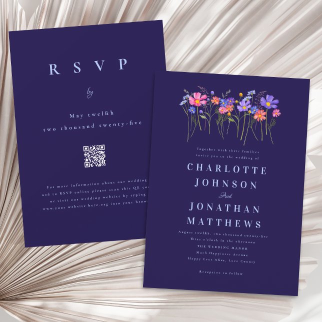 Invitación Código QR de Boda Boho Wildflower Azul Marino Rosa (Elegant wildflower vibrant floral navy blue wedding qr code invitation)