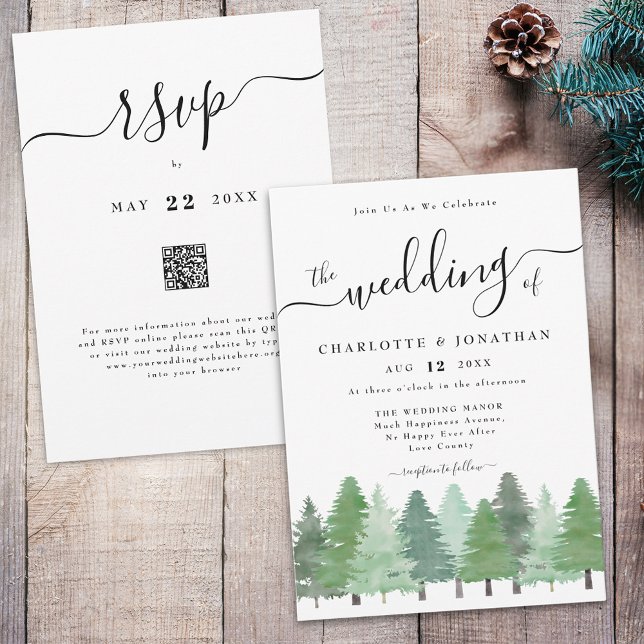 Invitación Código QR de Boda Bosque Forestal Acuarela Rústica (Modern watercolor Woodland forest rustic wedding qr code rsvp invitation elegant script )