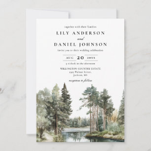 Invitación Código QR de Boda Bosque Lago Acuarela