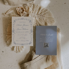Invitación Código QR de Boda Botánico Boho Floral Azul Polvor
