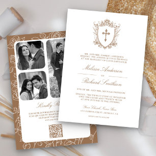 Invitación Código QR de Boda Católica Beige Victoriano
