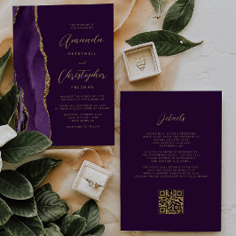 Invitación Código QR de Boda Ciruela Ágata Oro Púrpura