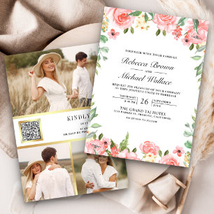 Invitación Código QR de Boda Collage de Fotos Floral Rosa Son