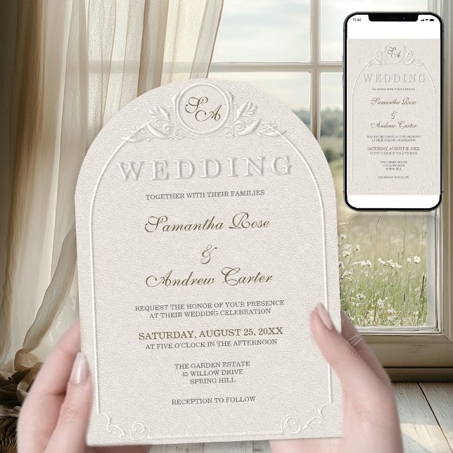 Invitación Código QR de Boda con Arco de Monograma en Marfil  (Subido por el creador)