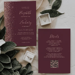 Invitación Código QR de boda con brillo en oro rosa y burgund