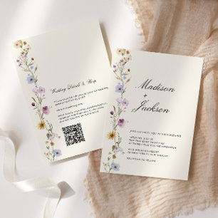 Invitación Código QR de boda con caligrafía de flores silvest