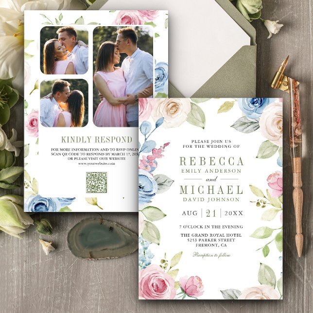 Invitación Código QR de boda con collage de fotos florales de (Subido por el creador)