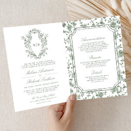 Invitación Código QR de Boda con Cresta de Chinoiserie Verde 