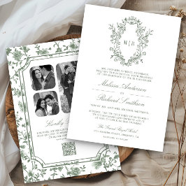 Invitación Código QR de Boda con Cresta de Chinoiserie Verde 