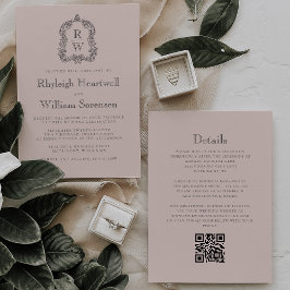 Invitación Código QR de boda con cresta de monograma rosa rub