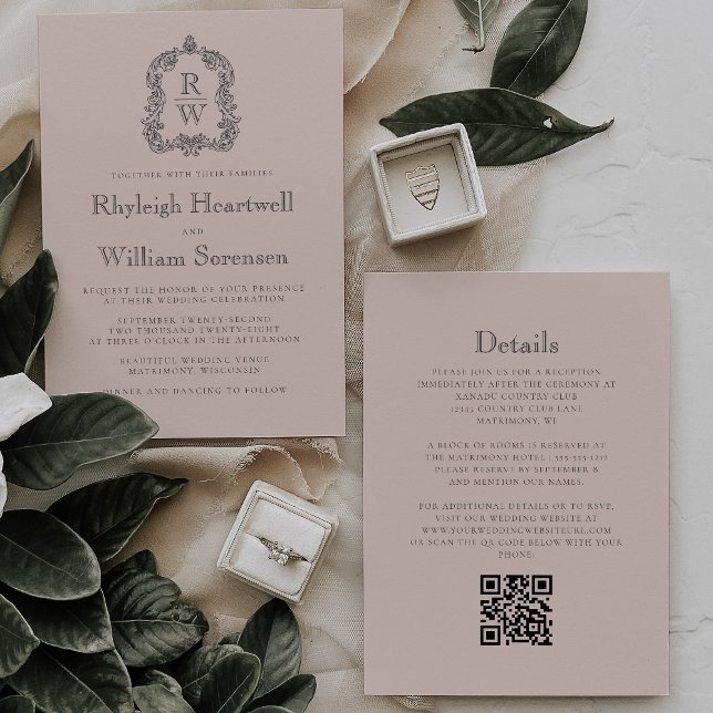 Invitación Código QR de boda con cresta de monograma rosa rub (Subido por el creador)