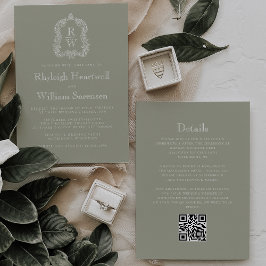 Invitación Código QR de boda con cresta de monograma verde sa