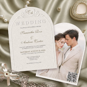 Invitación Código QR de Boda con Foto de Arco de Monograma Re