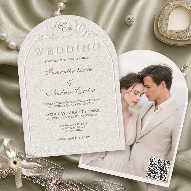 Invitación Código QR de Boda con Foto de Arco de Monograma Re (Subido por el creador)