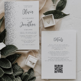 Invitación Código QR de Boda con Letra Blanca y Brillo Platea