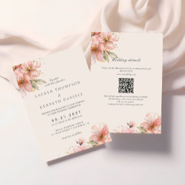 Invitación Código QR de boda con letra elegante floral rosa s