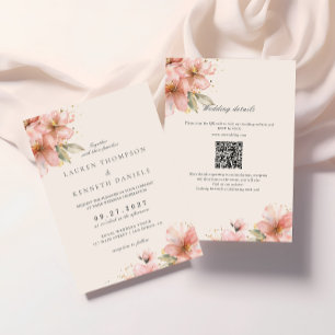 Invitación Código QR de boda con letra elegante floral rosa s