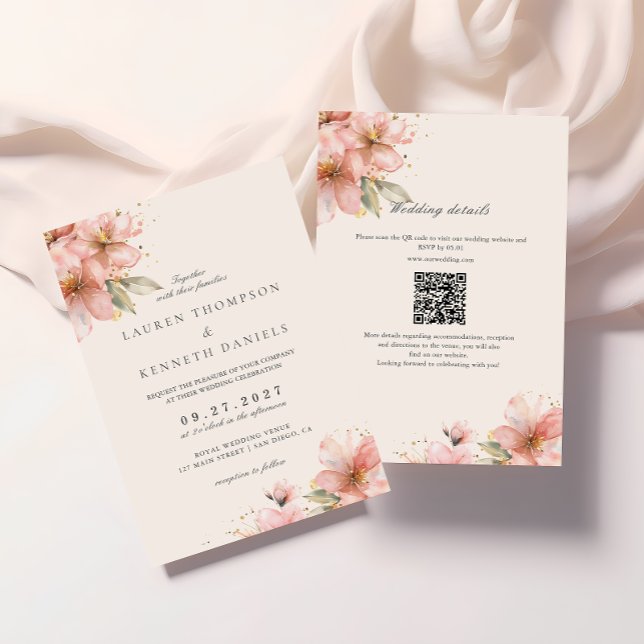 Invitación Código QR de boda con letra elegante floral rosa s (Subido por el creador)
