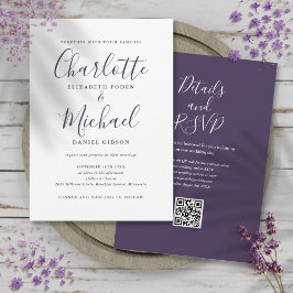 Invitación Código QR de boda con letra elegante púrpura