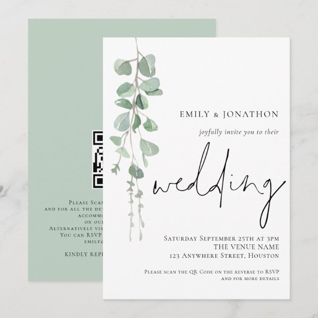 Invitación Código QR de Boda con letra Eucalyptus Moderna (Anverso / Reverso)