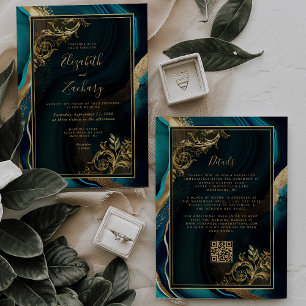 Invitación Código QR de boda con marco de oro y ágata verde t
