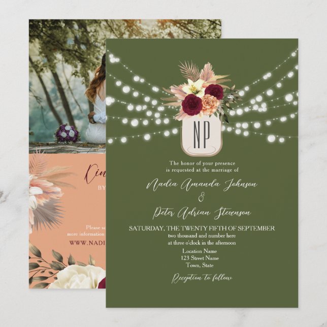 Invitación Código QR de boda con monograma boho (Anverso / Reverso)