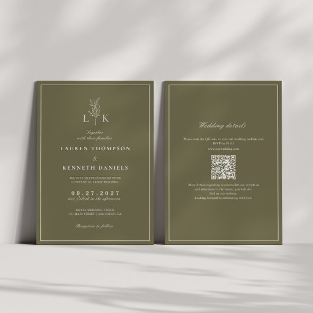 Invitación Código QR de boda con monograma de hoja verde oliv (Subido por el creador)