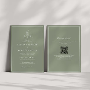 Invitación Código QR de boda con monograma de hoja verde salv