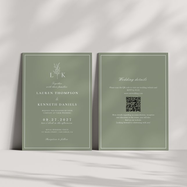 Invitación Código QR de boda con monograma de hoja verde salv (Subido por el creador)