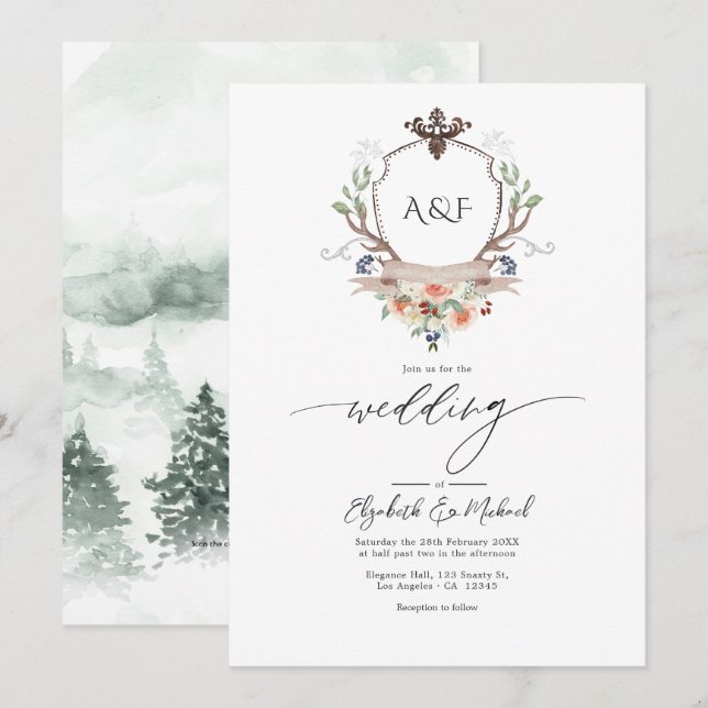 Invitación Código QR de boda con monograma de la cresta de La (Anverso / Reverso)