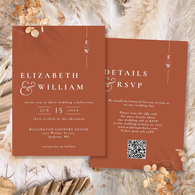 Invitación Código QR de boda con monograma moderno de terraco (Terracotta Modern Monogram Wedding QR Code Invitation)