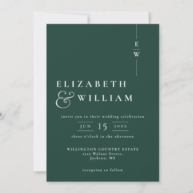 Invitación Código QR de boda con monograma moderno verde esme (Anverso)