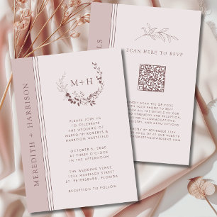 Invitación Código QR de Boda con Rubor de Oro Rosa y Monogram