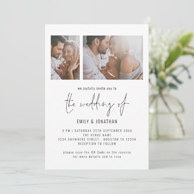 Invitación Código QR de Boda con Script de 2 Fotos Moderno (Anverso de pie)
