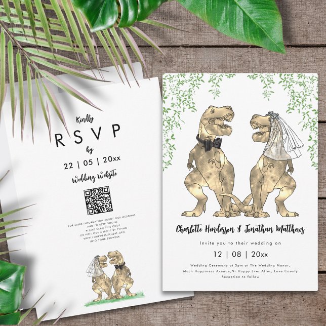 Invitación Código QR de boda con tema de dinosaurios (Dinosaur themed wedding QR code invitation with funny T-Rex bride and groom and jungle foliage)