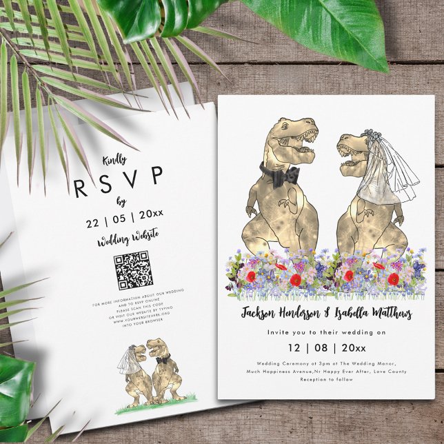 Invitación Código QR de Boda con Tema de Dinosaurios (Dinosaur wedding QR code invitation T-Rex bride and groom in colorful prehistoric wildflower meadow)