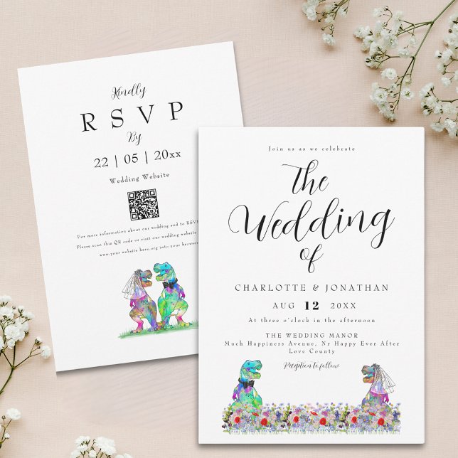 Invitación Código QR de Boda con Tema de Dinosaurios (Boho wildflower dinosaur wedding invitation with qr code)