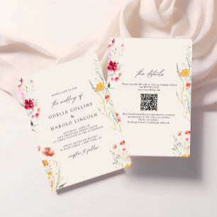 Invitación Código QR de boda crema con flores silvestres colo
