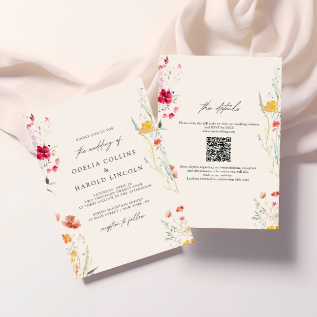 Invitación Código QR de boda crema con flores silvestres colo (Subido por el creador)
