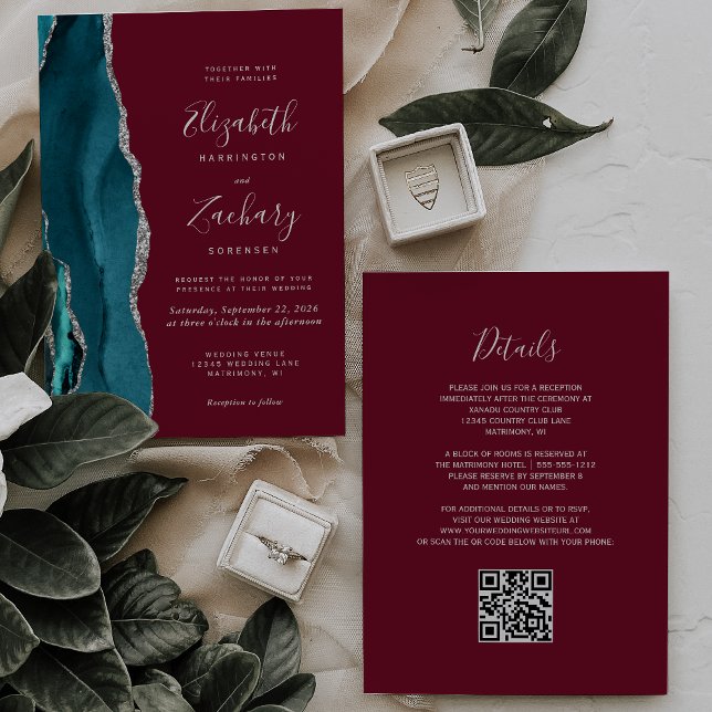 Invitación Código QR de boda de ágata plateada verde burgundy (Subido por el creador)