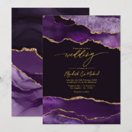 Invitación Código QR de boda de ágata púrpura y dorado elegan