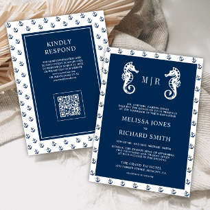 Invitación Código QR de boda de ancla náutica azul oscuro Cab