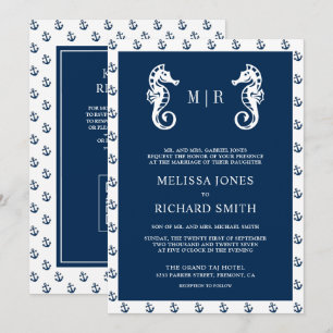 Invitación Código QR de boda de ancla náutica azul oscuro Cab